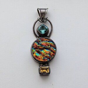 LARGE Sterling Silver 925 Dichroic Glass Green Topaz Yellow Topaz Pendant 29.6 g